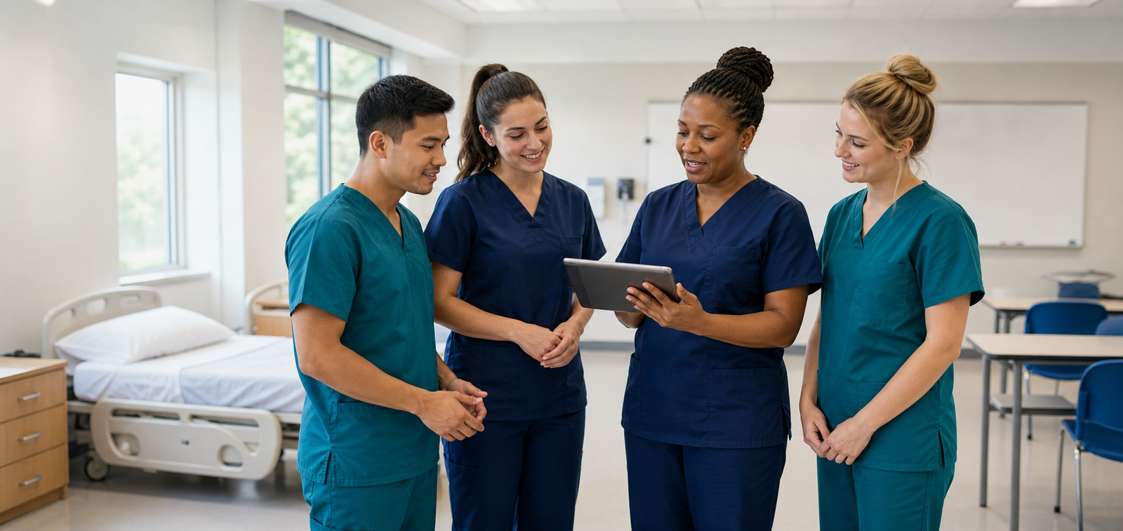 Adult CNA students reviewing a CNA training lesson in a United States healthcare classroom